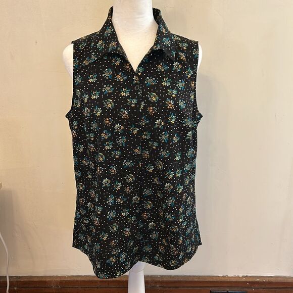 Cabi blue floral button front sleeveless blouse Size M EUC - Picture 2 of 10